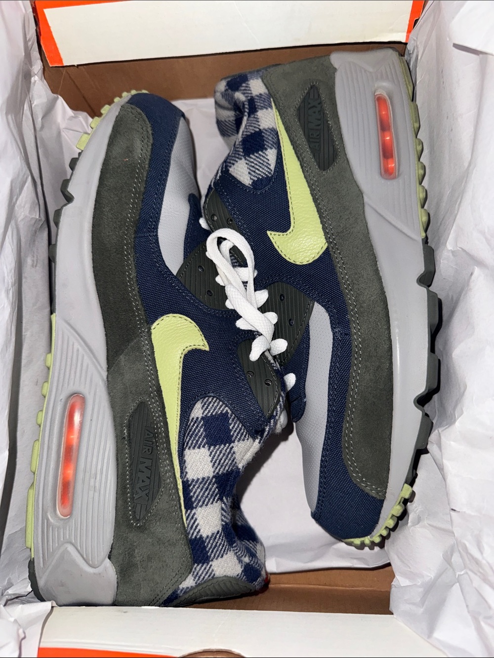 Nike Navy, Olive Green and Lime Plaid Air Max Sneakers